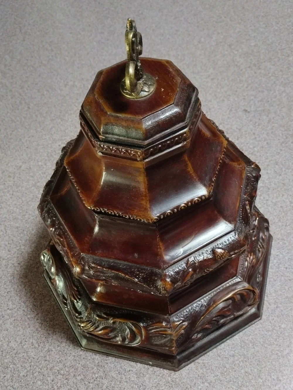 RARE Vintage Ornate Brown Decorative Wood Carved Accent Stash Box Brass Finial